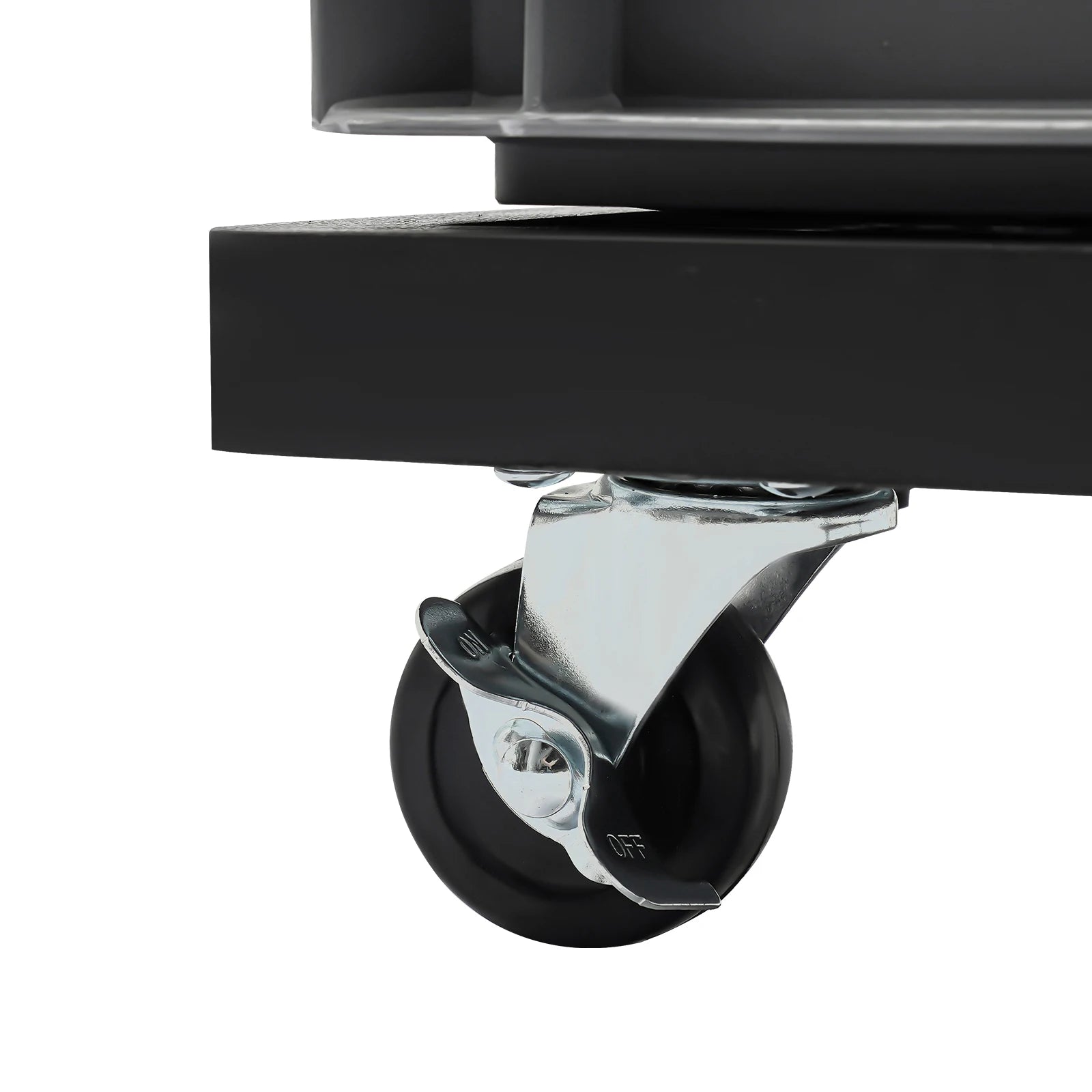 Swivel caster wheel with metal bracket under hydroponic tower base, black wheel