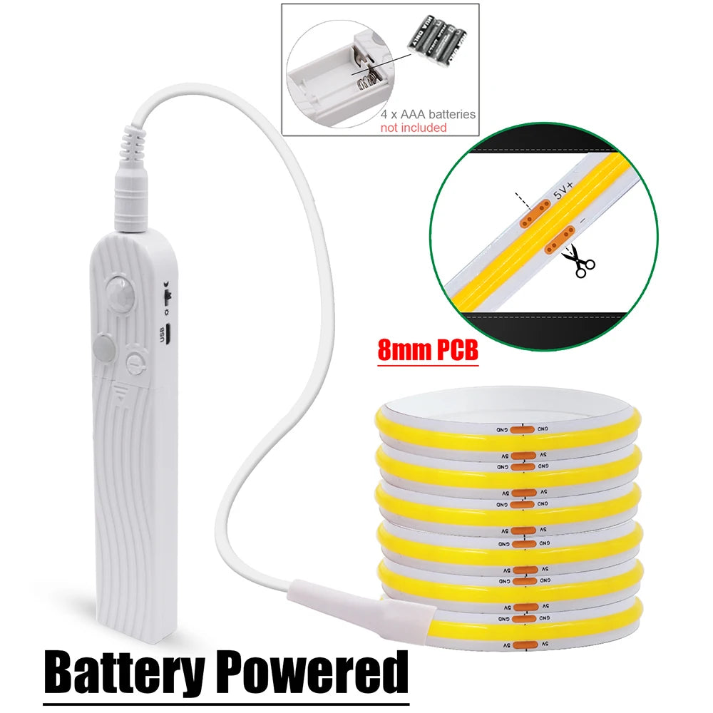 Battery-powered LED strip kit with 8mm COB PCB, white battery module and coiled tape