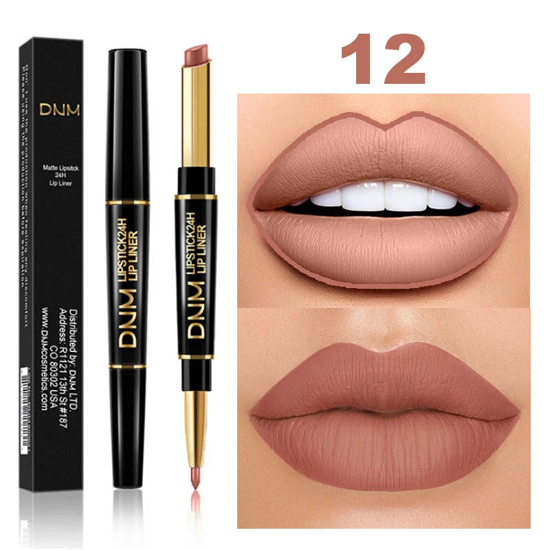 DNM 2-in-1 waterproof matte lipstick pencil and lip liner in a charming nude shade for long-lasting lip makeup.