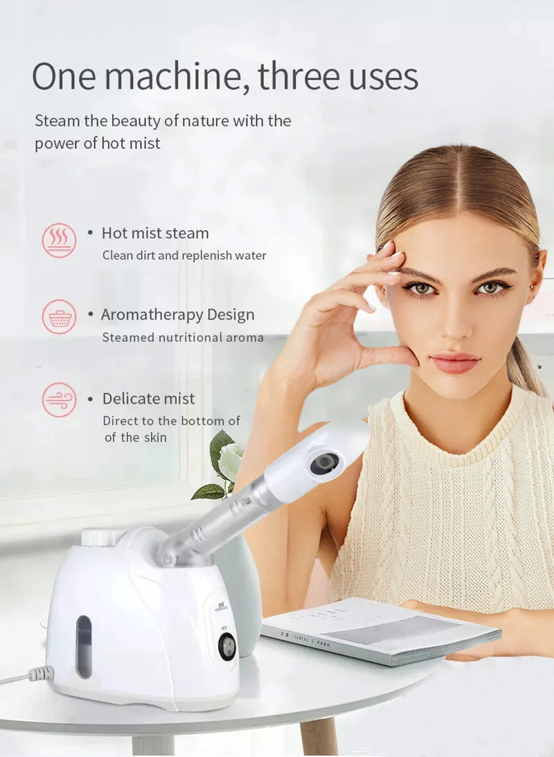 White ozone facial steamer and warm mist vaporizer for deep cleaning, skin hydration, and home spa facial treatment.