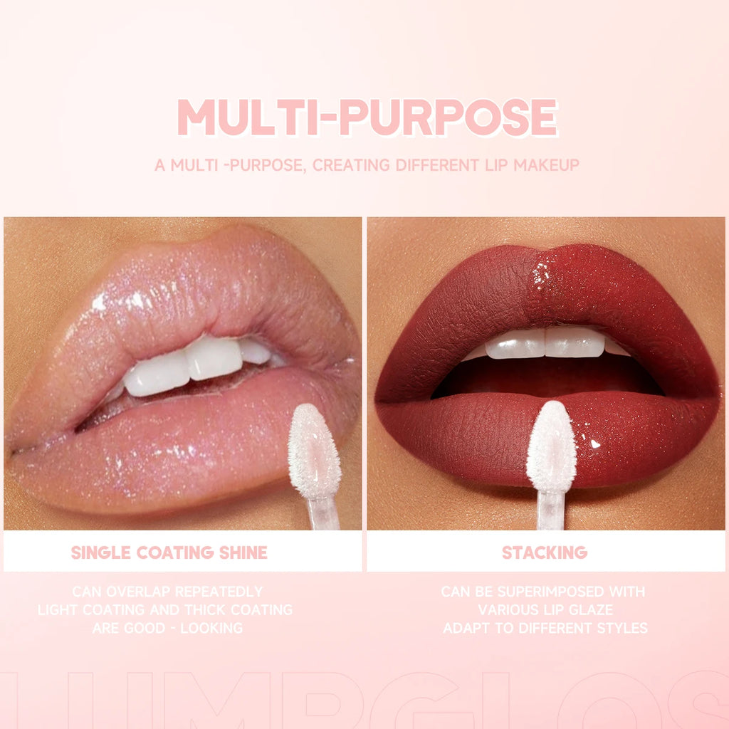 Glitter plumping lip gloss showing shiny, moisturizing texture and stacking application on red and nude lips.
