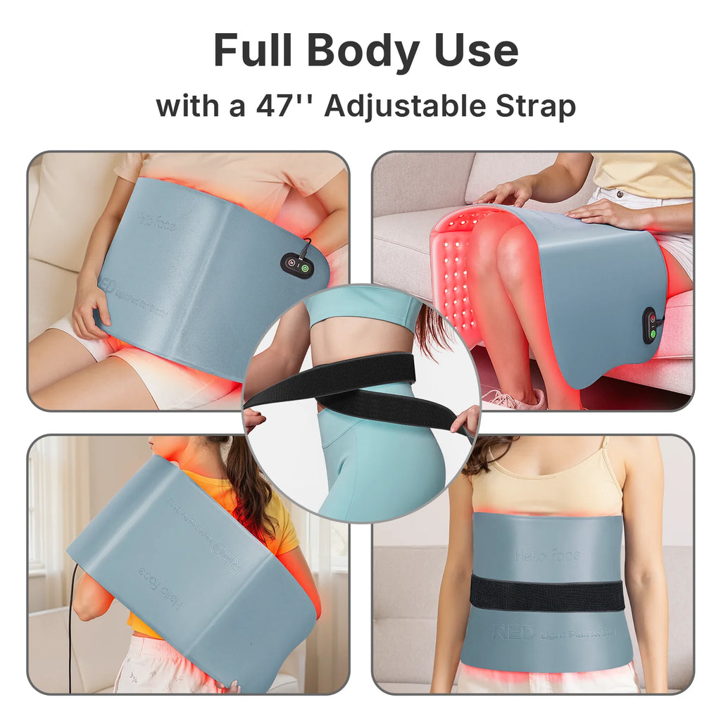 Large blue, flexible red light therapy mat with 792 LEDs, worn on the abdomen, knees, or back with an adjustable strap.