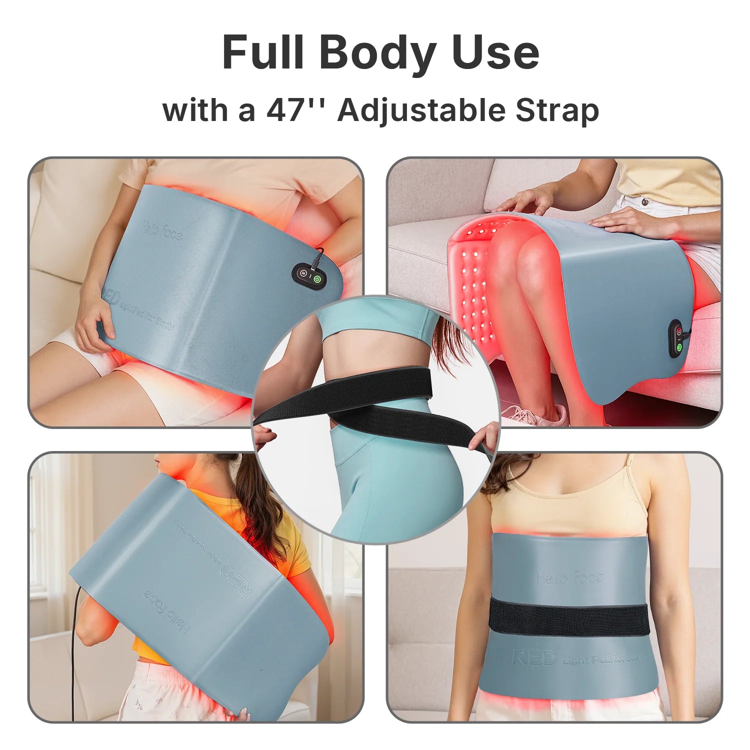 Large blue, flexible red light therapy mat with 792 LEDs, worn on the abdomen, knees, or back with an adjustable strap.