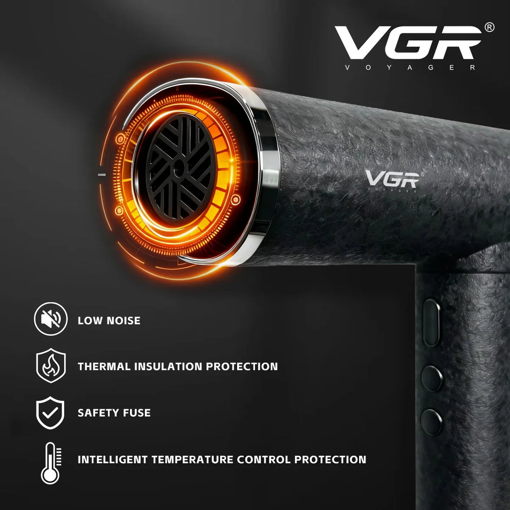VGR V-640HD professional high-speed hair dryer with negative ion tech, thermal protection, and low-noise black design.