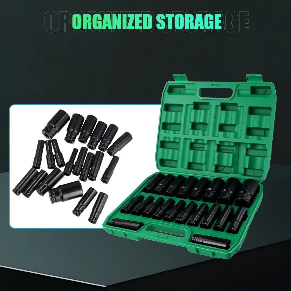Podofo 20PCs 1/2'' Drive 6-Point Impact Socket Set 8-32mm Metric Sizes Carbon Steel  Impact Wrench Nut Set With Storage Box