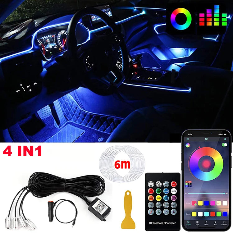 LED Car Interior Ambient Lighting Kit with RGB Smartphone Control 4 in 1 6M Cigarette Tidesmit