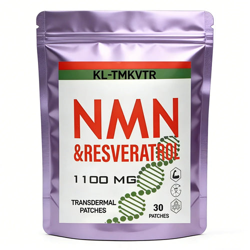 Anti-aging 1100mg NMN & Resveratrol transdermal patches in a metallic purple resealable pouch.