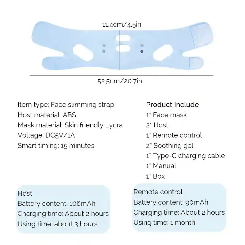 Light blue, 52.5cm Lycra face slimming strap with ABS electronic ports for facial toning and support.
