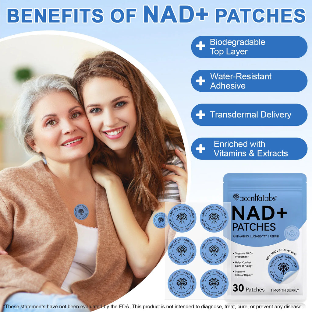 30PCS NAD+ weight management patches: transdermal stickers with tree logo, showing usage on skin, and product packaging.