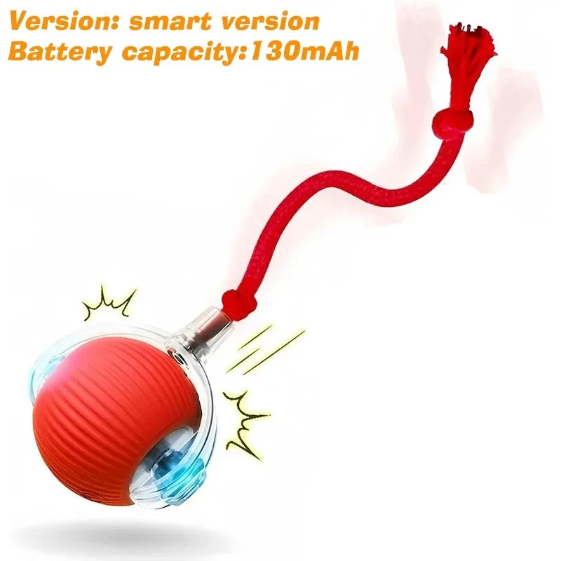 Smart interactive red rolling ball toy for cats and dogs, rechargeable 130mAh battery for engaging automatic pet play.