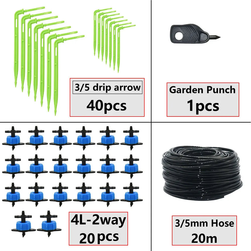 Greenhouse Potted Curved Arrow Dropper Micro Drip System 2L4L8L Pressure Compensation Dripper 3/5mm 2/4-way Irrigation Kit