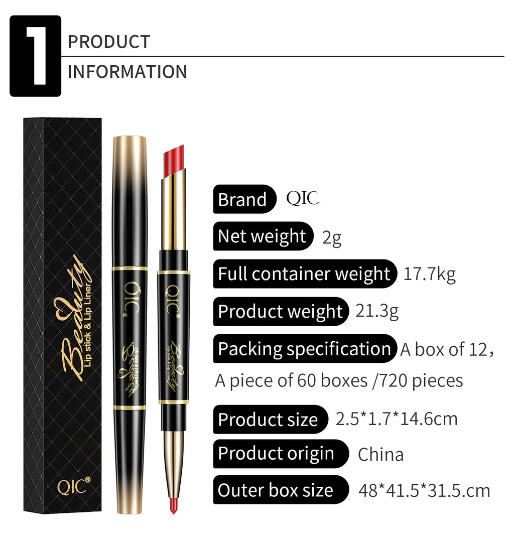 QIC 2-in-1 waterproof matte lipstick and lip liner pencil in red, featuring a slim double-ended design.