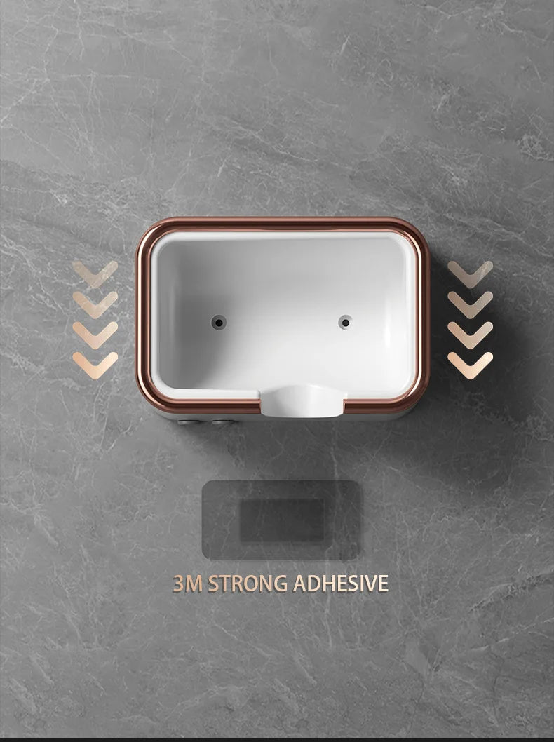 HOMEFISH wall-mounted hairdryer holder with rose gold trim and 3M adhesive for no-drill bathroom installation.