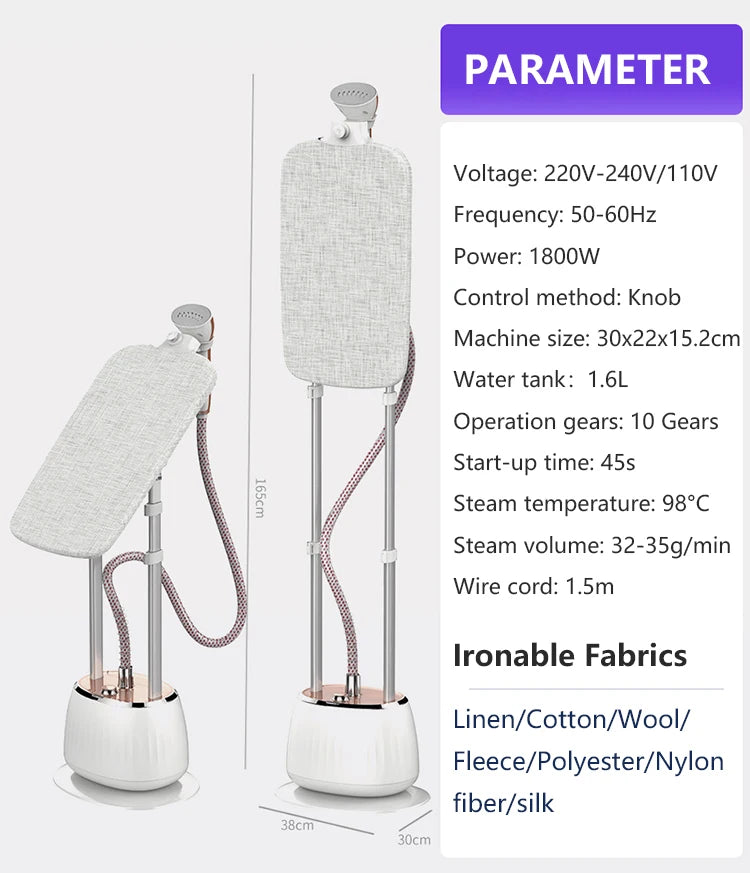 Tidesmit 1.8KW vertical garment steamer with 10 gears and adjustable telescopic pole for home ironing, view 6