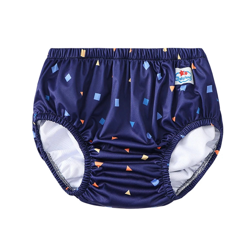 Babyland reusable navy baby swim diaper with geometric triangle and square pattern.