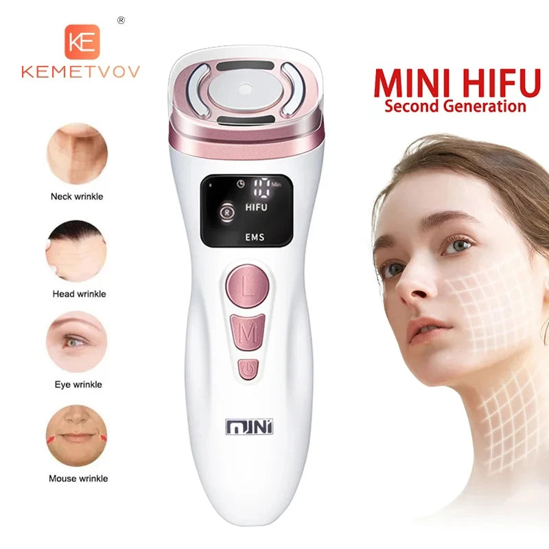 White and rose gold handheld Mini HIFU beauty device with an LCD screen, control buttons, and skin treatment icons.