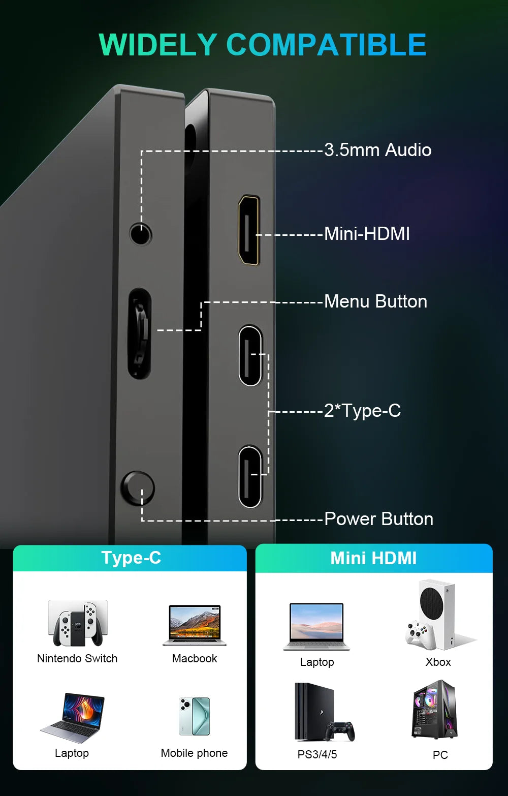 14 Inch 1200P FHD IPS Touch Portable Monitor 10-Point Capacitive Touch 75x75 VESA Low Blue Light Type‑C Mini HDMI Compatible PS5