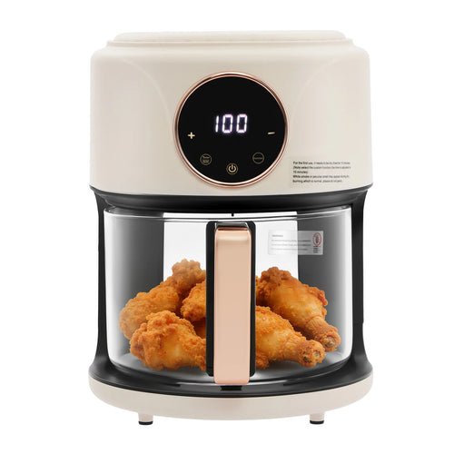 White glass air fryer with touch digital display and rose-gold handle, black base