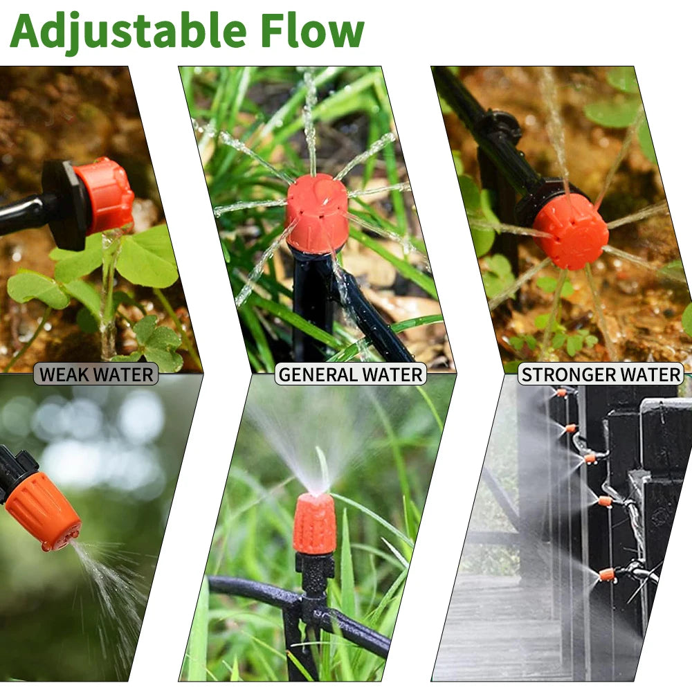 Adjustable garden drip nozzle with red emitter cap and black stake connection