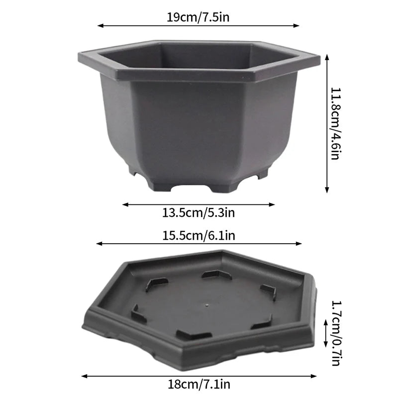 Gray plastic square plant pot with base tray and drainage slots