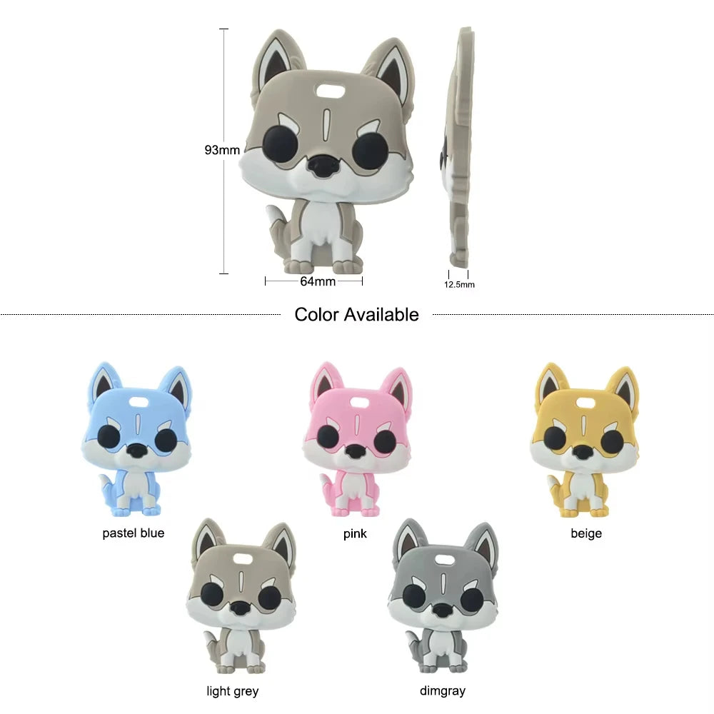 Wolf silicone baby teething toy in blue, pink, beige, and grey colors for soothing relief.