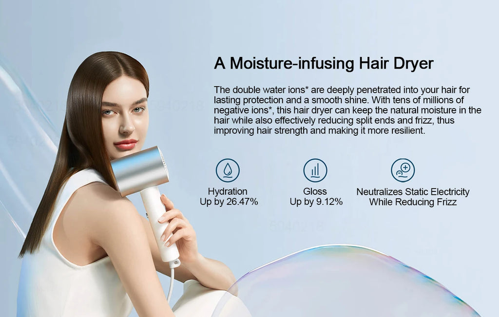 MIJIA H500 white water ion hair dryer for frizz-free, shiny hair with advanced moisture-infusing ionic technology.