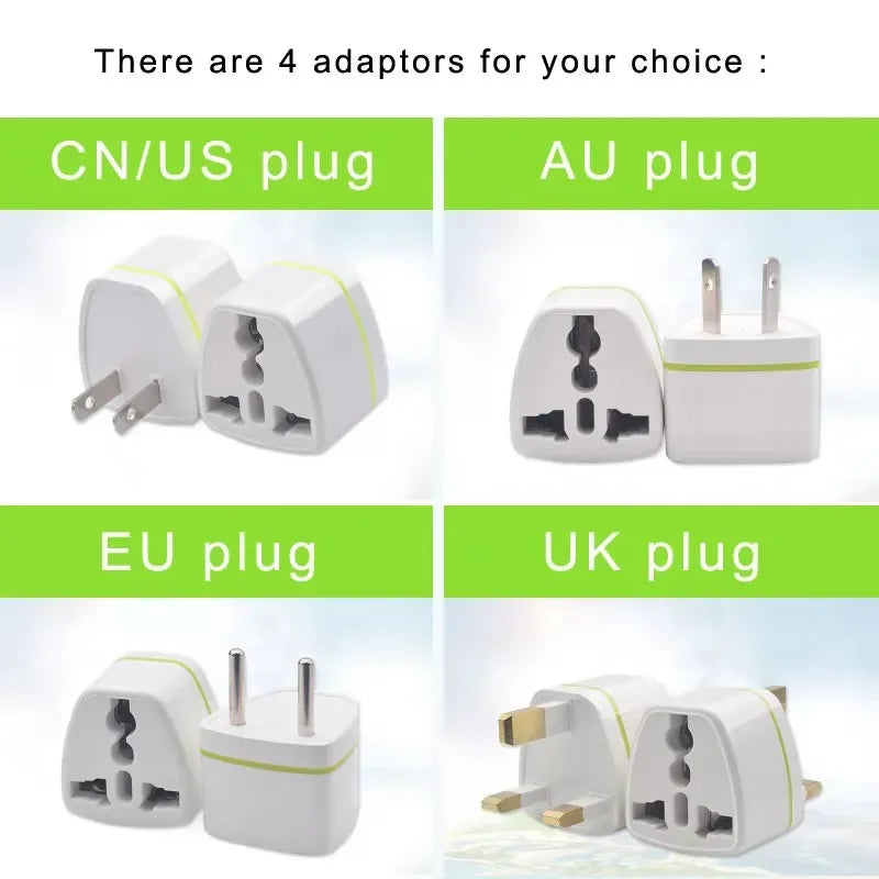 Four white universal travel power plug adapters for kitchen appliances with CN, US, AU, EU, and UK plug types.