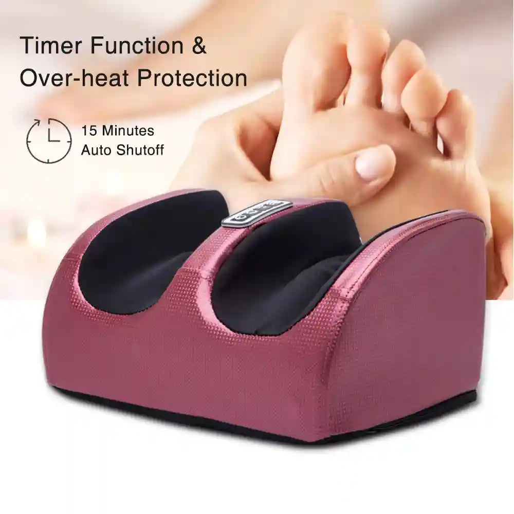 Maroon electric shiatsu foot massager with heating, kneading rollers, and 15-minute auto shutoff for pain relief.