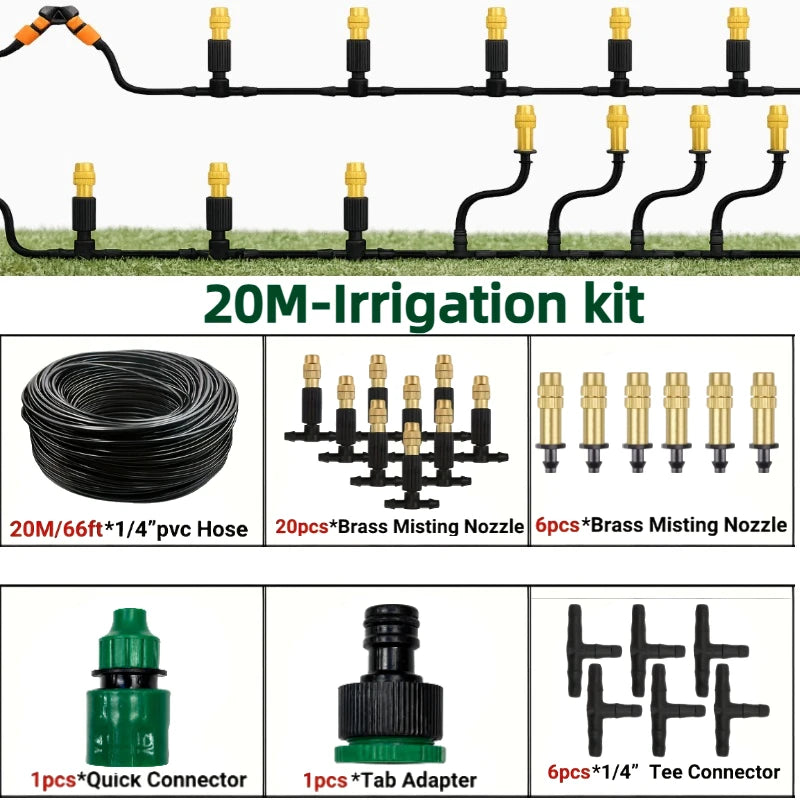 Outdoor Misting Cooling System, Garden Irrigation Watering, 1/4 Inch Atomizer Nozzle, 4/7mm Hose, 10M-30m, for Patio Greenhouse