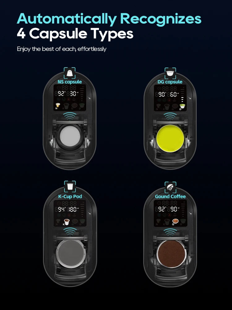 Multi-capsule espresso coffee maker with digital display, showing automatic recognition of four different pod types.