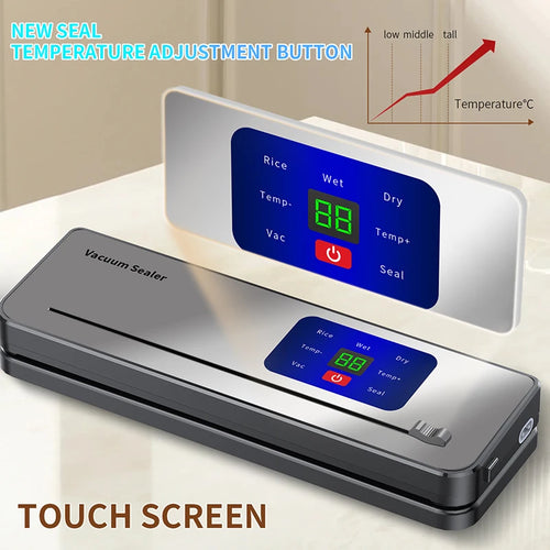 Vacuum sealer base with blue display showing timer, black/gray body and touch controls