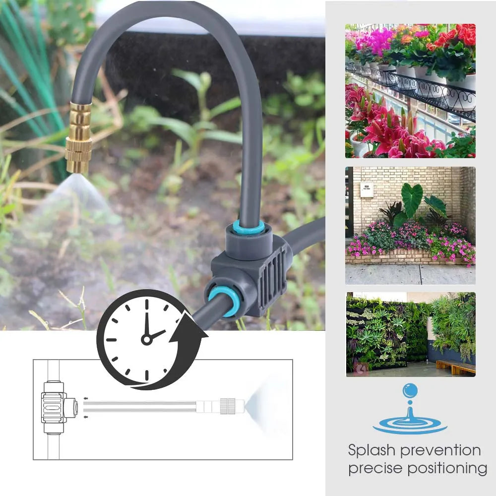 Gray garden hose nozzle with mist spray, timer control knob, and splash-prevention design