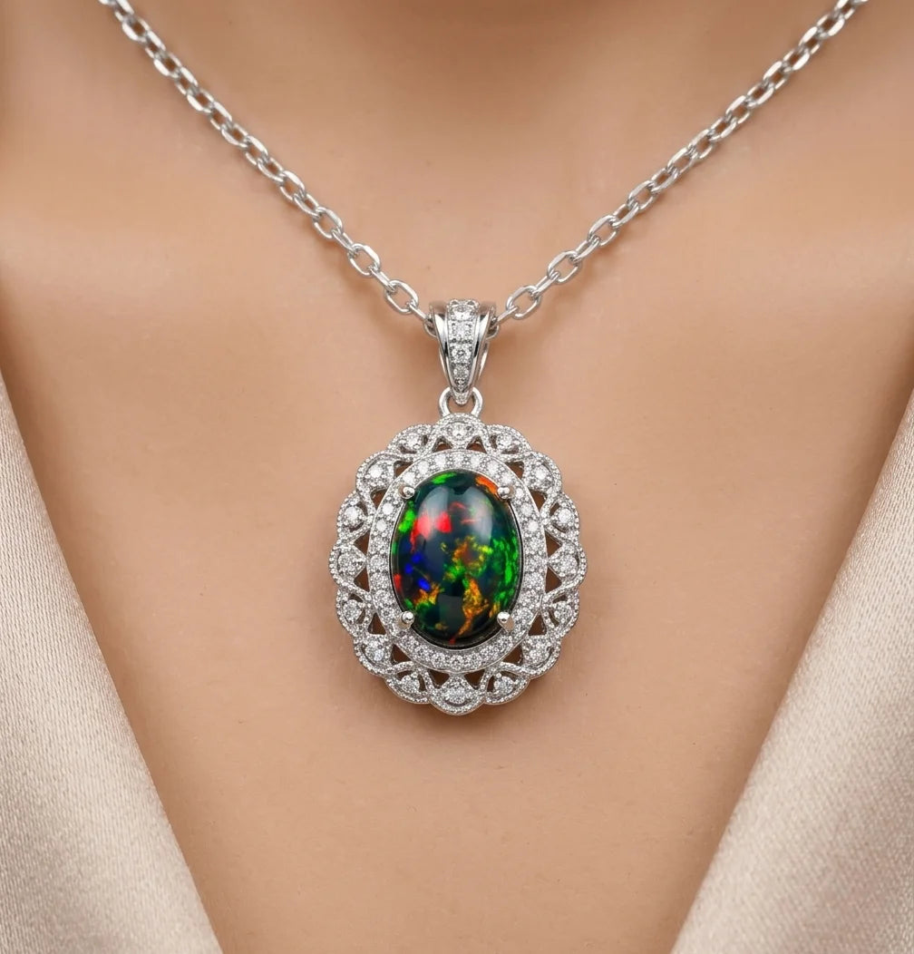 Mehrajuddin Gems Opal Oval Cut Link Pendant Necklace Silver Plated Alloy Classic Children's Solitaire Wings Bezel Setting Gift