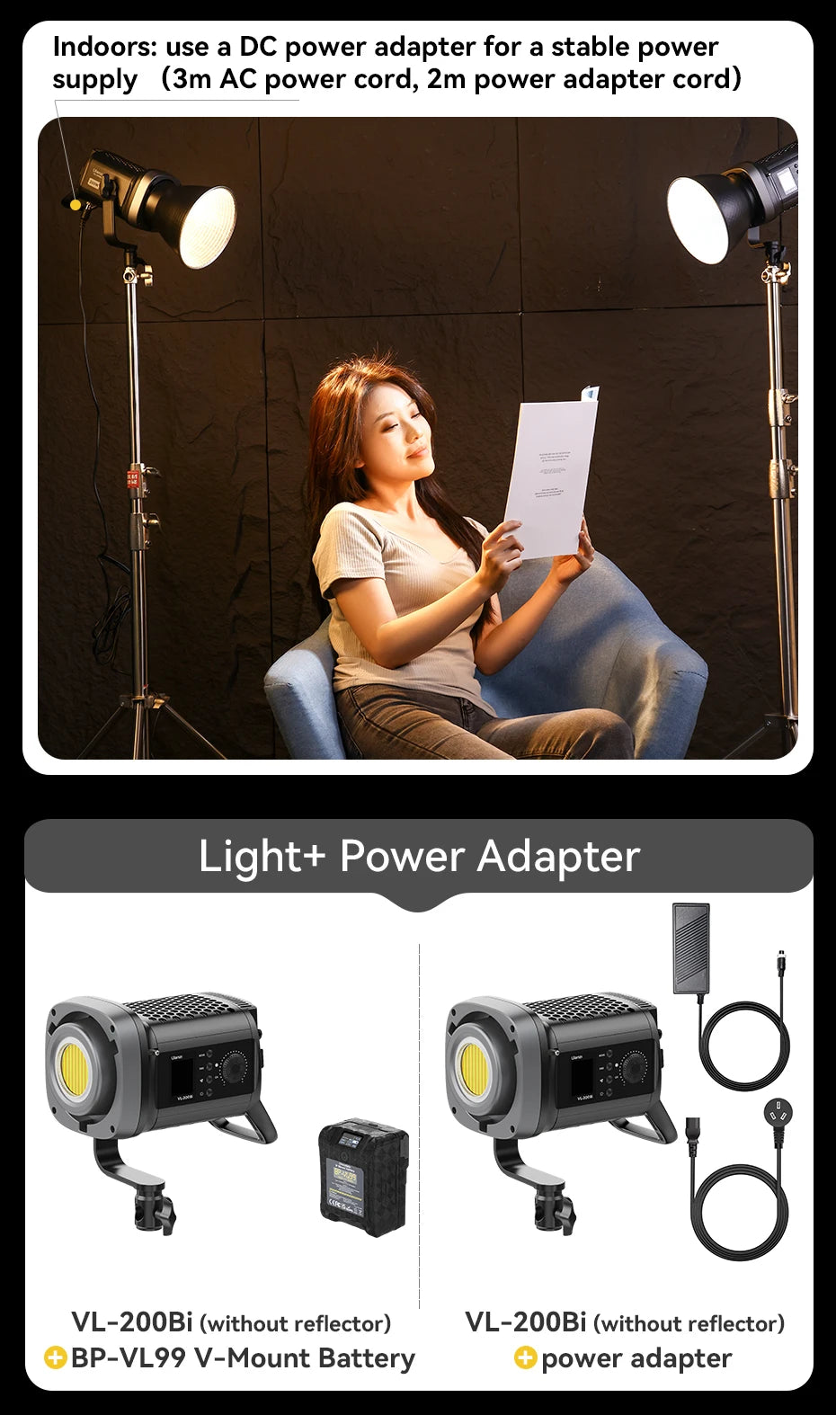 VL-200Bi LED studio light, gray compact metal housing, shown with V-mount battery and DC power adapter for lighting.