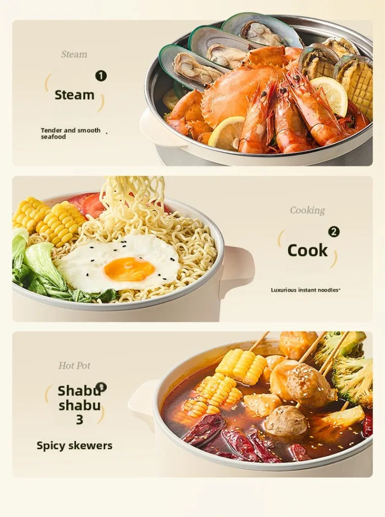 Electric multi cooker used for steaming, cooking, and hot pot, shown with plated seafood and vegetables