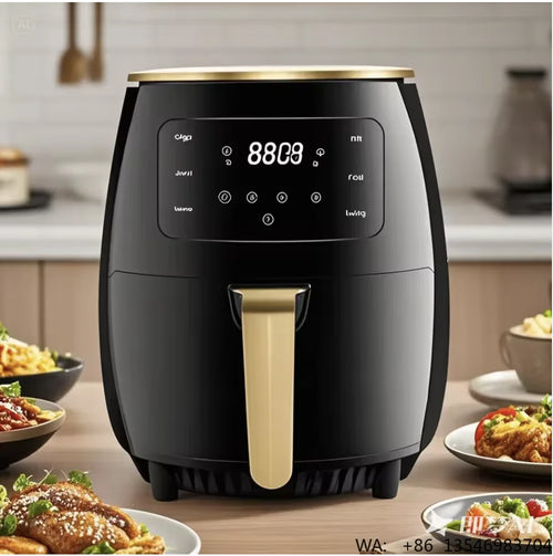 Black 6L air fryer with LED panel and gold pull handle, front view on countertop