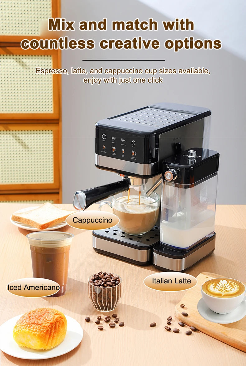 Black and silver espresso machine with milk frother, touchscreen controls, and glass cup, perfect for home baristas.