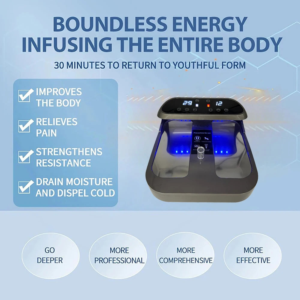 Tera-P90 Terahertz PEMF therapy foot massager with digital display and blue light for home health pain relief.