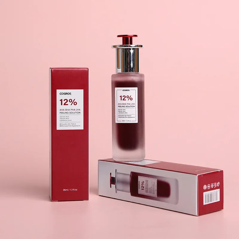 Cosros 12% exfoliating peeling solution in a frosted glass bottle with a red pump, plus its red product packaging box.