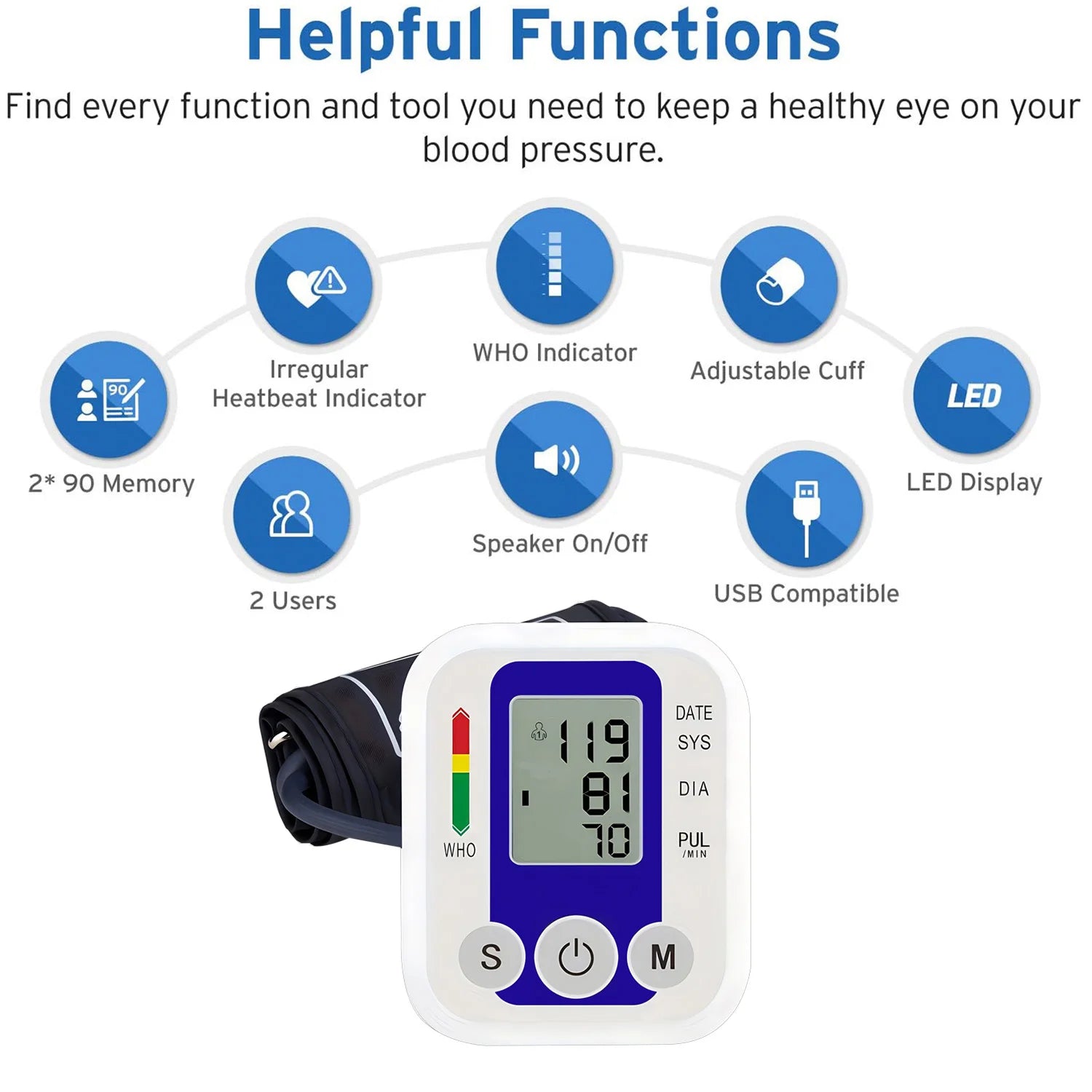 Portable Digital Upper Arm Blood Pressure Monitor 32cm Large Cuff Medical Heart Rate Tensiometer