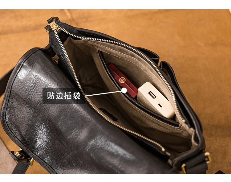 vintage designer handmade high-quality genuine leather men's messenger bag Outdoor casual cow leather work black shoulder bag