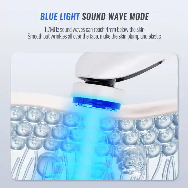 Mini HIFU facial device showing blue light sound wave technology for skin tightening and anti-wrinkle care.