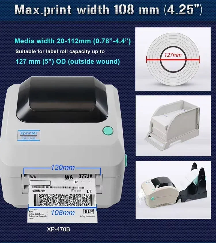 300DPI XP-470E HD 4Inch/118mm Thermal Label Printer with Paper Bin Desktop Shipping Barcode Printer Xprinter  Waybill Printer