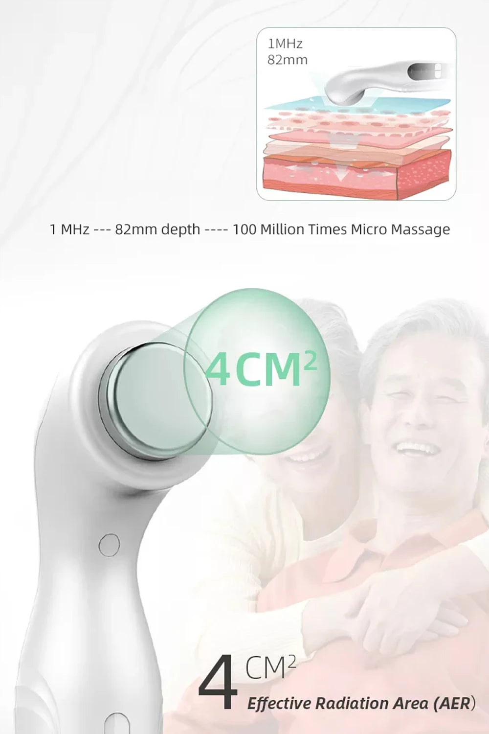 Portable 1MHz ultrasound physiotherapy device for pain relief, featuring a 4cm² probe for deep muscle massage.