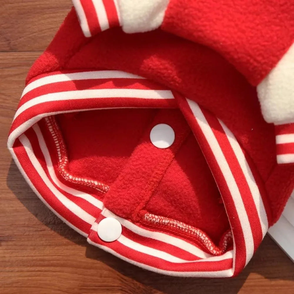 Red fleece winter puppy baseball coat with snap buttons for warm, stylish outdoor wear for small dogs and cats.