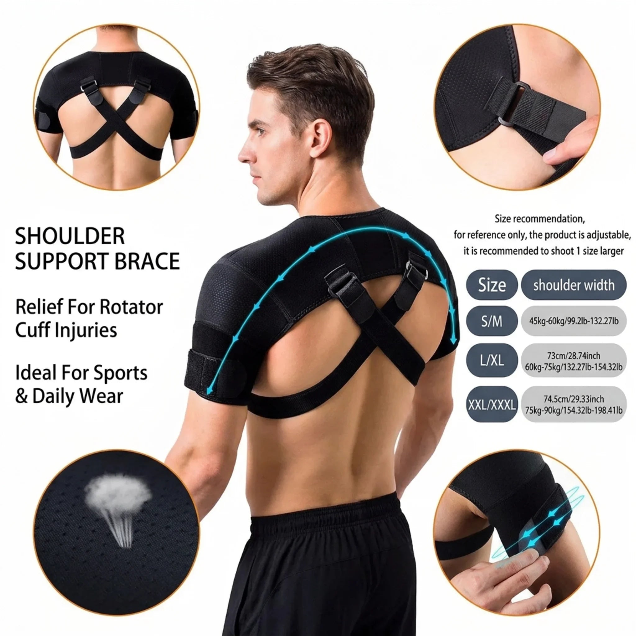 Double Shoulder Brace Adjustable Breathable Neoprene Compression Support Cross Strap for Men Women Sports Injury Pain Relief