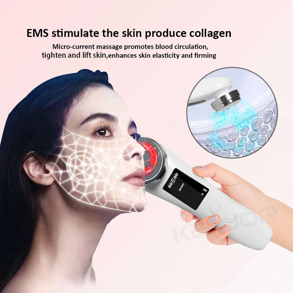 Handheld white EMS facial lifting device with a circular head, used on skin to improve elasticity and firmness.