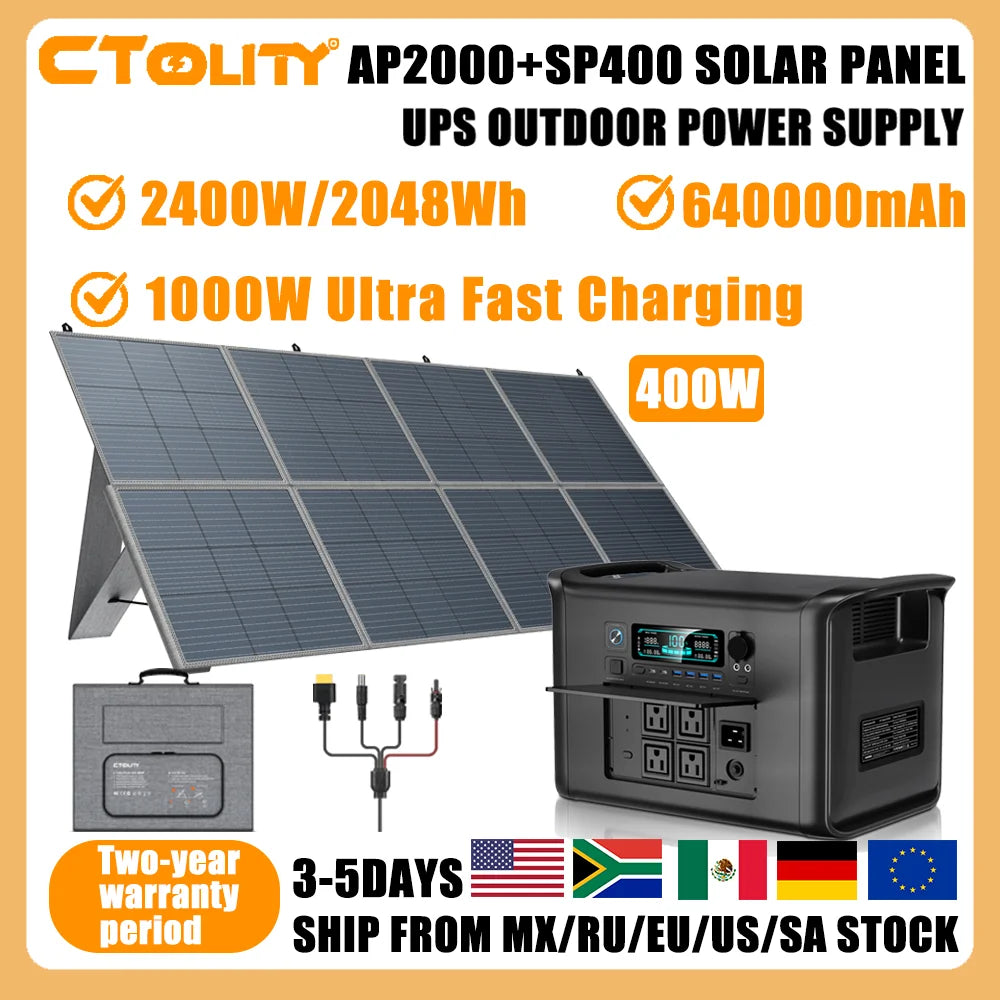 CTOLITY Outdoor Camping AP2000 2400W Fast Charging Portable Power Station SP400 400W Foldable Portable Solar Panel For Home