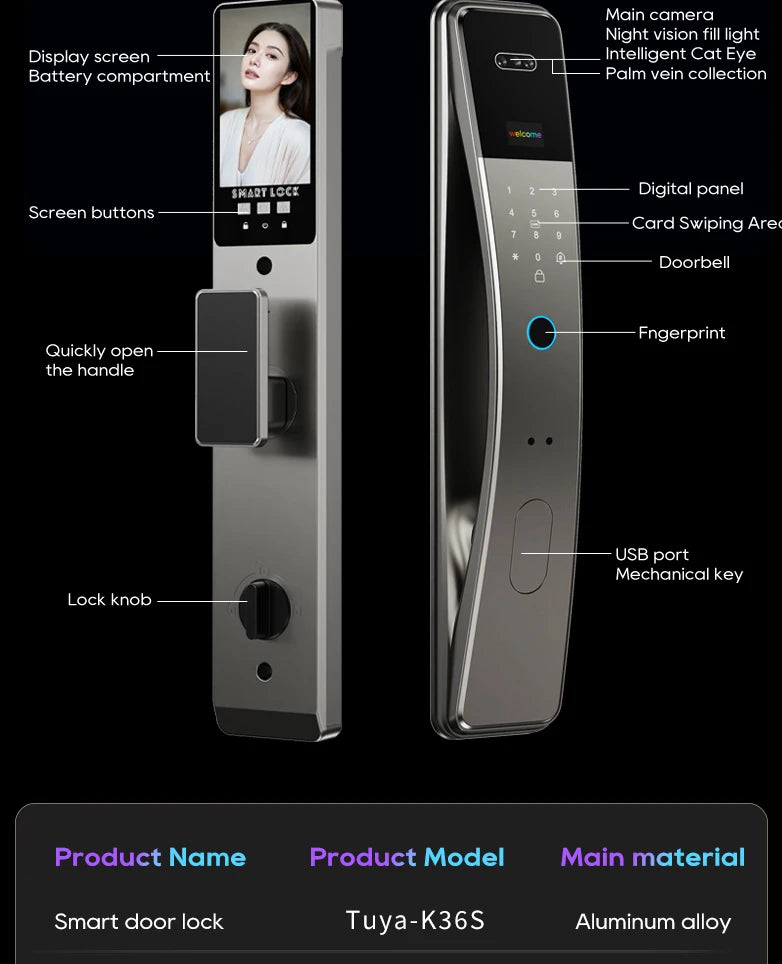 3D Face Recognition Fingerprint Password Smart Door Lock With Camera FIngerprint Password Unlock Keyless Electronic Door Lock