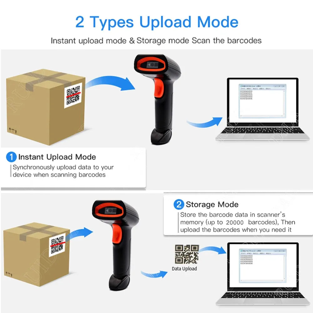 Handheld QR Code Scanner 1D 2D Wired Barcode Scanner or Wireless Bar code Scanner or Bluetooth Code Reader for PDF417 DataMatrix